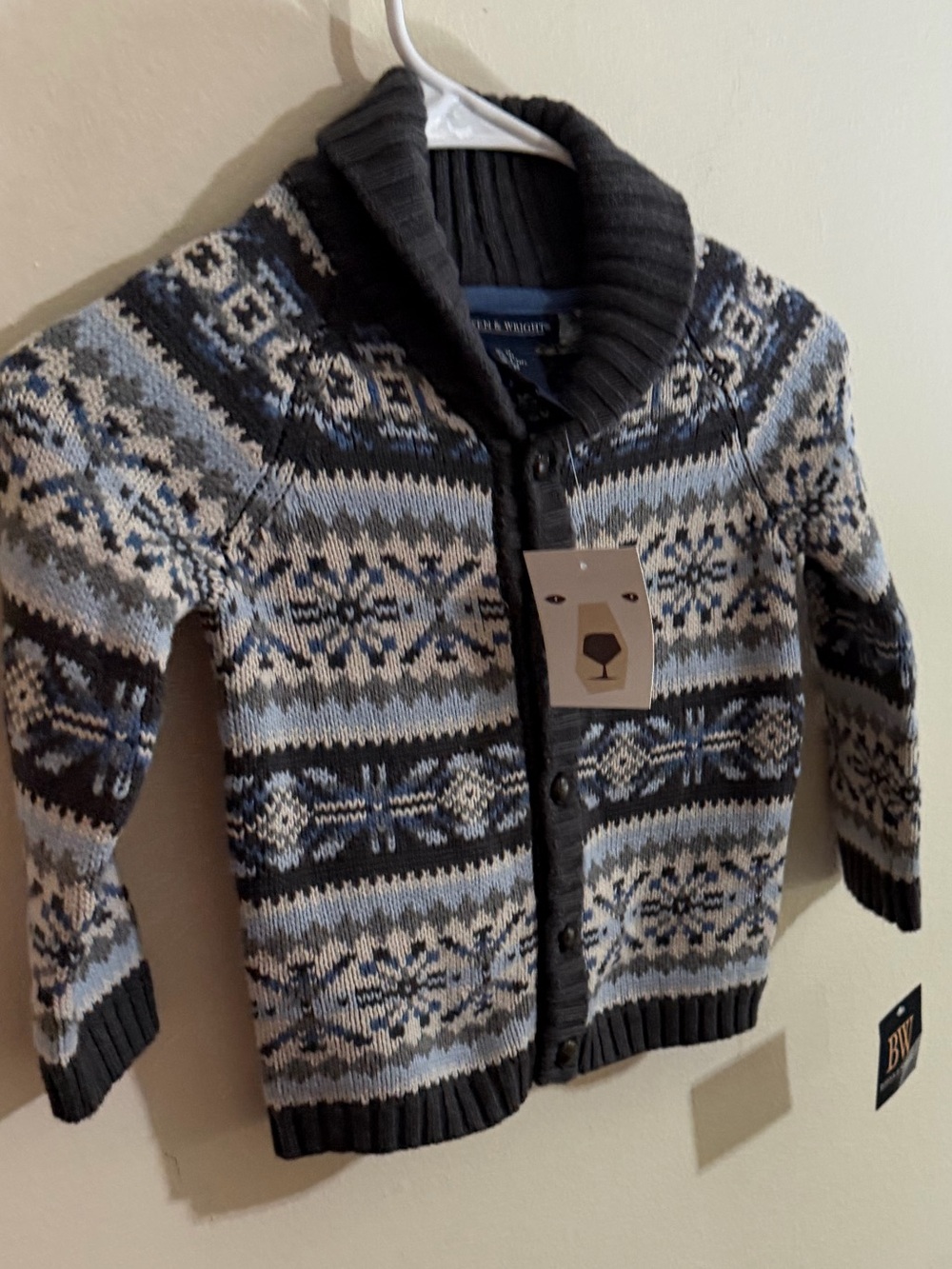 NWT Bowen & Wright Size 3T Gray, Blue & Cream Fair Isle Shawl Cardigan